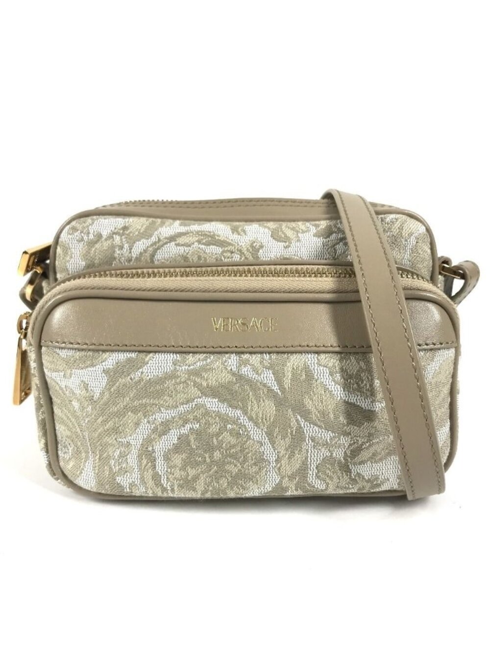 Versace Shoulder Bag Greca Logo Leather Canvas Beige